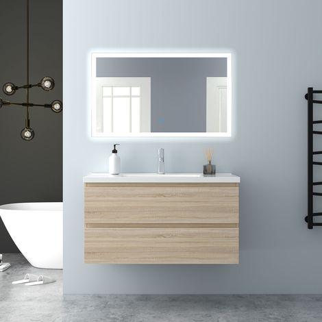 AICA Mueble de baño con lavado y espejo , dos cajones,99 x 44.5 x 52 cm, roble