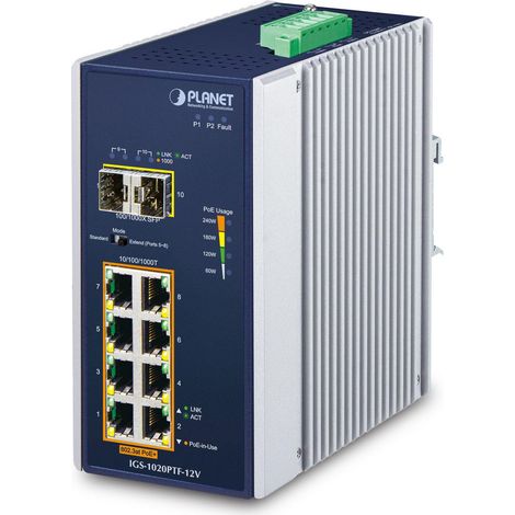 Planet IP30 Ind 8-P 10/100/1000T, IGS-1020PTF-12V