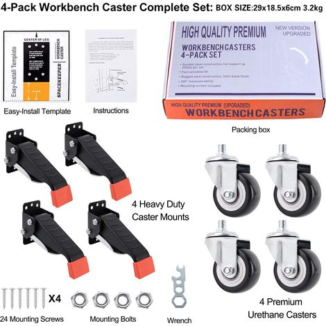 Kit Roulettes d'Établi avec Plaque de Montage Amovible, Roulettes Escamotables pour Meuble de Travail (1/3)