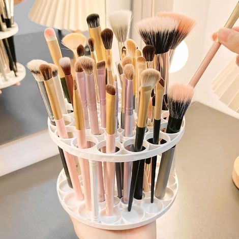 Porte-pinceaux rotatif à 360 degrés - Convient pour les pinceaux d'art, les stylos, les outils de maquillage - Élégante boîte de rangement en plastique blanc avec glaçage - Accessoire de bureau (1/4)