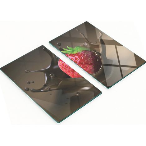 Tableros de vidrio templado con dise帽o decorativo de fresas y chocolate, 2x30x52 cm.