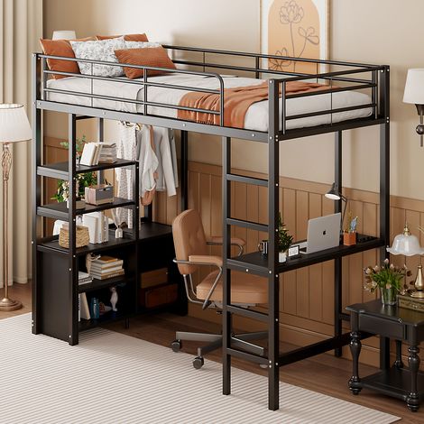 Letto A Soppalco 90 x 200 Cm Con Scrivania, Presa USB, Scaffali E Spazio Di Archiviazione Aperto, Senza Materasso, In Metallo, Nero