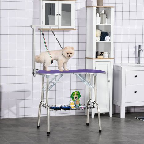 Brazo plegable de acero inoxidable para el cuidado de mascotas PawHut con pinza para perros grandes y pequeños, altura ajustable hasta 74 cm.