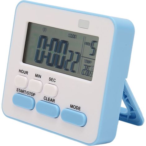 Minuteur de cuisine numérique avec affichage de la température, utilisation facile, support intégré, dos magnétique, petite horloge numérique bleue pour la maison ou le bureau. (1/5)