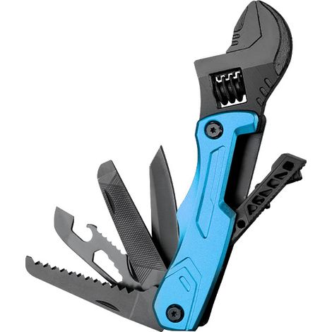 Multi-Outil 6-en-1 Clé à Molette Réglable, Outil de Poche Pliable avec Couteau, Scie, Lime, Tournevis, pour Bricolage, Camping, Survie EDC(Bleu)