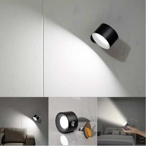 Applique murale LED : batterie intégrée, port de charge USB et base magnétique rotative à 360° (Modèle noir texturé à commande tactile) (1/4)