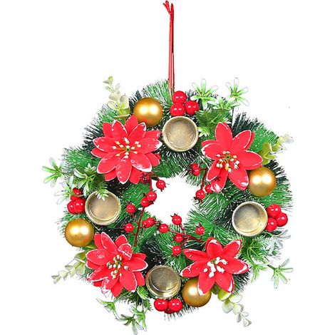 Guirlande De Noël - Pour Porte Mur Fenêtre Cheminée - Avec Fleurs De Poinsettia Artificielles Boules Pommes De Pin Baies - Extérieur Intérieur - 1 Pièce (1/2)
