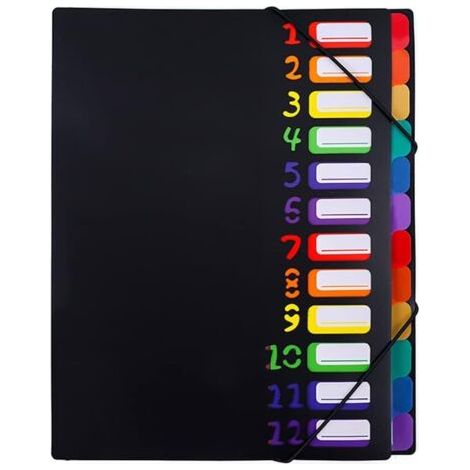 PA Fächermappe: 12. Etage, A4-Format, Regenbogen-Kunststofffutter, farbenfroher Ordner für Zuhause, Büro, Schule, schwarzer Einband (1/5)