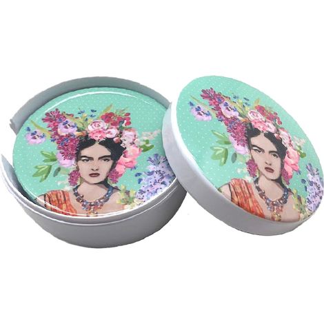 Boite verte contenant 6 sous-verres Frida Khalo (1/2)