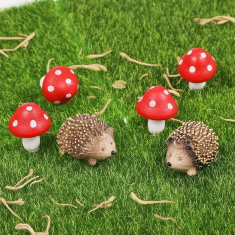 Lot de 6 Figurines, Résine, Hérissons, Champignons, Décoration Jardin Féérique, Maison de Poupée
