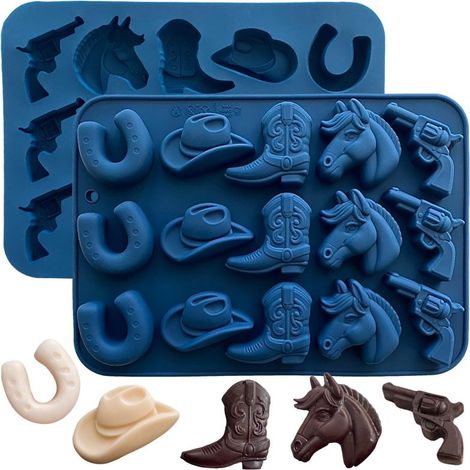 Set blauer Silikonformen für eine Wildwest-Party (einschließlich eines Cowboyhuts, einer Schokoladenform und einer sattelförmigen Dessertform)