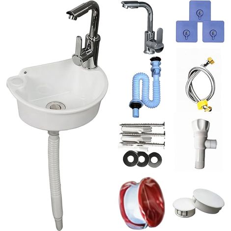 Wall Mounted Plastic Basin with Mixer Tap, Complete Kit with Drain and Supply Hoses Compact Bathroom Garden Camping Basin (White) (1/5)