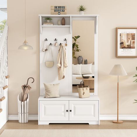 Mueble de recibidor con espejo, 5 ganchos, 2 armarios y estante, 100 x 40 x 180 cm OKMYHOME (1/5)