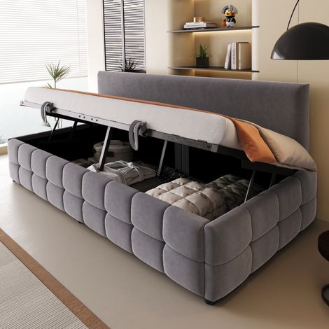 Lit simple moderne capitonné gris 90x200 cm avec dossier, coffre de rangement hydraulique et sommier à lattes