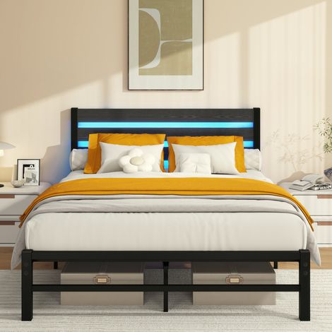 Bett Metall und MDF Schwarz 140x200 cm mit LED, USB-Ladestation und 27 cm Unterbettaufbewahrung