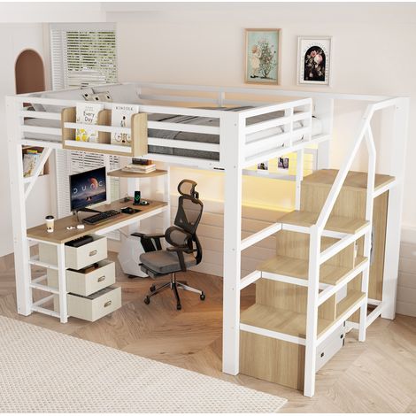 Letto a soppalco 140x200 cm con scrivania, LED, 3 cassetti, armadio e scala, metallo MDF per camera - bianco (1/5)