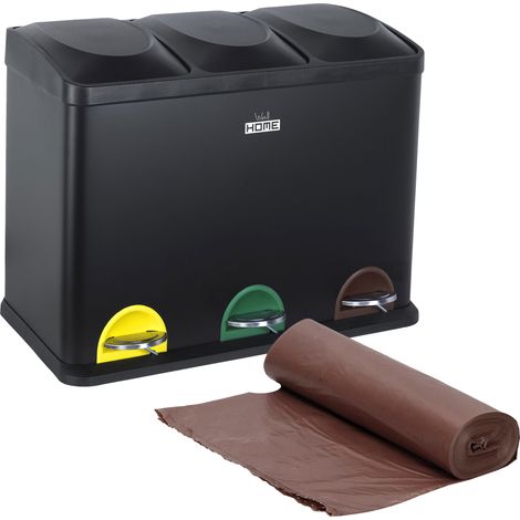 WellHome Cubo de reciclaje ecológico 45L de 3 compartimentos con rollo de 20 bolsas de basura de 20L (1/5)