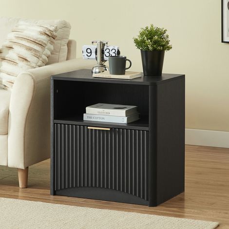 OKMYHOME Schwarzer Nachttisch mit Schublade, offenem Fach und goldenen Griffen, 58 x 38 x 60 cm (1/5)