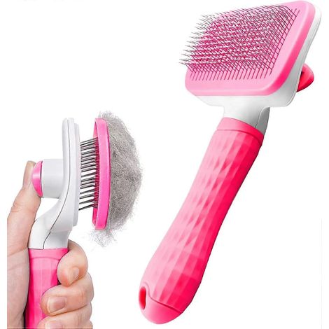 Brosse de toilettage pour chien et chat (1 pièce), peigne autonettoyant avec manche lisse, outil de toilettage pour chien avec bouton (rose) (1/5)
