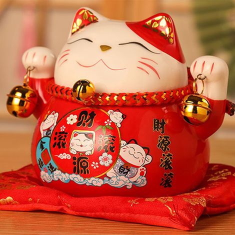 Tirelire Chat Porte-Bonheur 11,5 cm, adorable et raffinée, en céramique, rouge, symbole de chance et de prospérité. Décoration de bureau. (1/5)