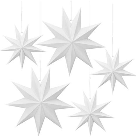 Pair Lot de 5 étoiles en papier décoratives, suspension murale, coloris blanc, diamètre 30 cm