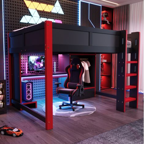 Cama alta 140x200 cm con LED, escritorio, armario y cajones, negro y rojo DESVIAE (1/5)