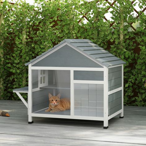 Niche d'extérieur pour chat avec toit à charnières, fenêtre panoramique, porte à persiennes et plateforme de repos, 101 x 72,5 x 81 cm, grise (1/5)
