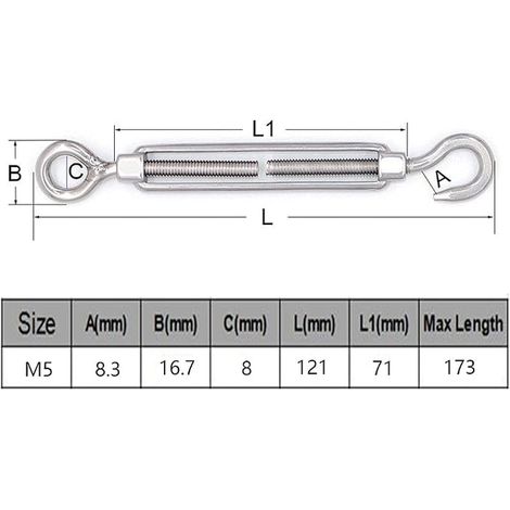 Wire Tensioner M5, Cable Tensioner, Stainless Steel Adjustable Hook (1/3)