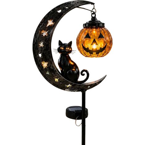 Décoration Solaire Halloween de Jardin, Piquet Lumineux LED avec Chat Noir, Citrouille et Lune, Lampe Extérieure Étanche en Métal (1/5)