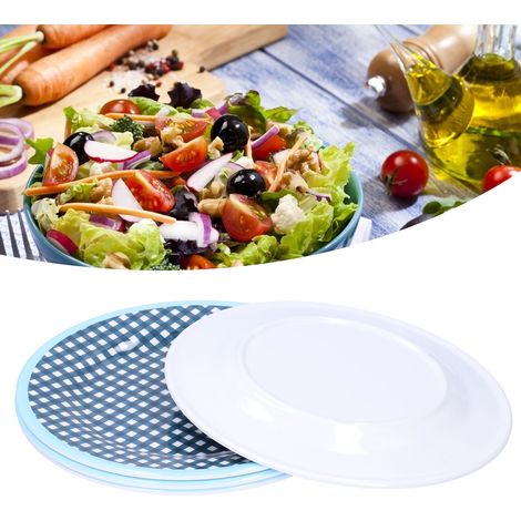 Lot de 4 assiettes à salade de 23 cm, assiettes à fruits, plats à dessert, plateaux à gâteaux et pâtisseries, décoration de table, motif quadrillé bleu foncé (1/5)