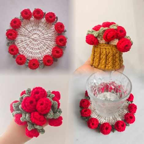 Sous-verre en crochet : bouquet de roses rouges fait main, décoration florale pour tasse, cadeau créatif ou décoration de maison, idéal pour une fête de remise de diplôme (1/5)