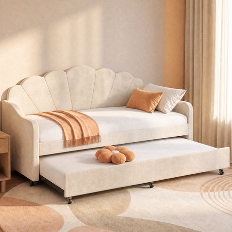 Cama-sofá extraíble con forma de concha AMANDA, 2 x 90 x 190 cm, con 2 somieres de terciopelo beige (1/5)