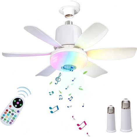 Plafonnier Ventilateur LED RGB Dimmable Silencieux avec Douille E27 Ventilateur de Plafond 3 Vitesses Fonction Minuterie Haut-parleur Bluetooth pour Chambre à Coucher, Salon, Cuisine (Blanc) (1/5)