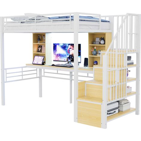 Lit mezzanine 90 x 200 cm avec bureau intégré, escalier de rangement réversible, prise européenne, LED multicolore et cadre métal blanc pour chambre d'ado  CHICFURN (1/5)