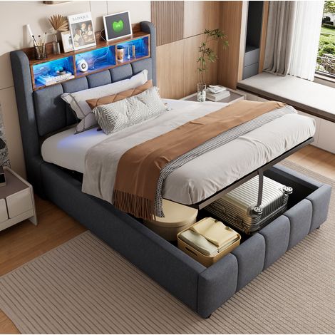 Letto imbottito 90x200 cm grigio con LED, USB-C e vano contenitore