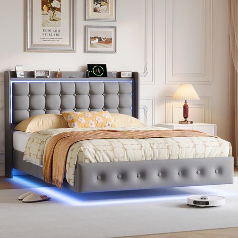 Letto Flottante 140x200 cm, Letto 140x200 con Sommier, Letto 2 Posti con LED, Letto Matrimoniale Design Moderno in Velluto con Testiera con Ripiano e Porte USB & Type-C, Grigio