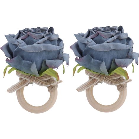 2 pièces anneaux de serviette en bois avec fleurs artificielles pour décoration de table de fête - Bleu marine (1/5)