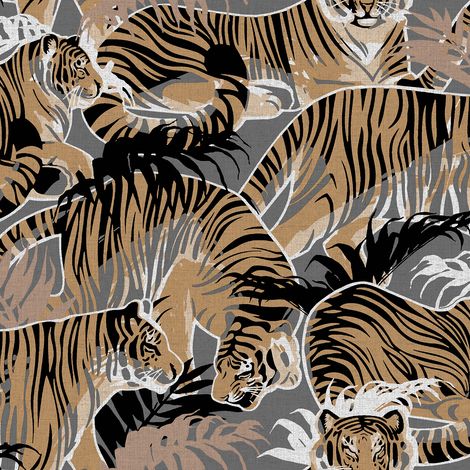 Papier peint tigres jungle ocre et gris foncé