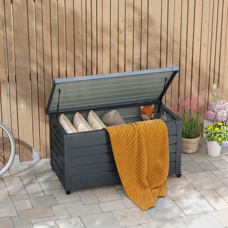 Contenitore da esterno da 311 litri, con pistone a gas, ruote e maniglia, in acciaio zincato, 120x62x66 cm, grigio.