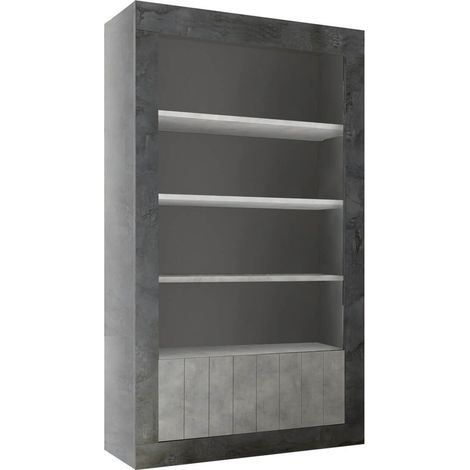 Bibliothéque 3 étagères et 2 portes gris aspect Cimento et Oxyde - PAOLINO