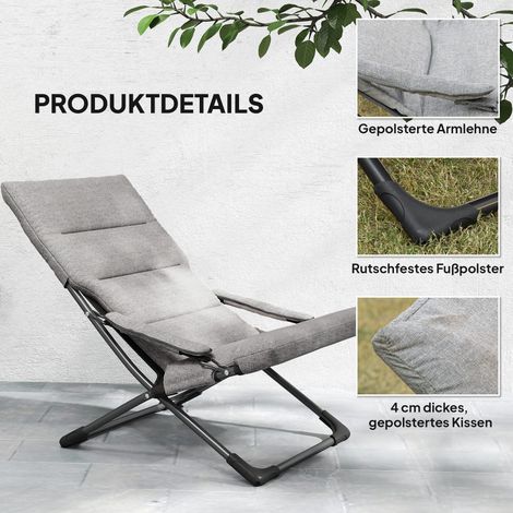 Fauteuil de camping pliant en acier gris avec coussin déhoussable, imperméable, supporte 120 kg, pour jardin, terrasse, balcon, dimensions 66x94x79 cm. (1/4)