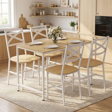Ensemble Table Salle à Manger avec 4 Chaises, Table de Cuisine avec Chaises pour 4 Personnes, Bois Naturel et Blanc (1/5)
