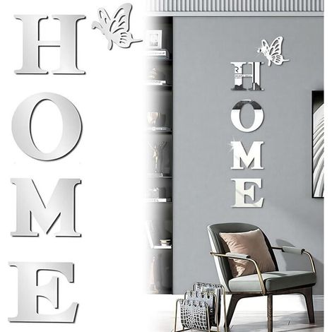 Acrylique Miroir Sticker Mural, Stickers Muraux Auto-Adhésif Amovible Écologique, Autocollant miroir acrylique papillon lettre anglaise HOME pour salon, porte, porche - Argenté (1/5)