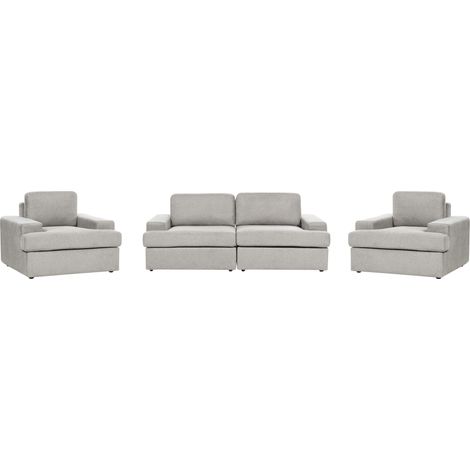 Conjunto de sala de estar clásico 5 plazas sofá 2 sillones tapizado tela poliéster con sillón respaldo acolchado grueso acolchado gris claro Alla (1/5)