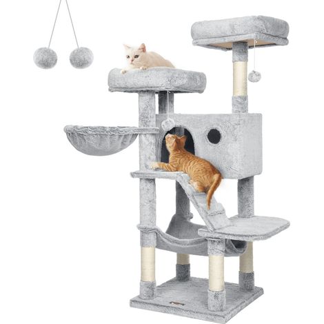 Feandrea – Arbre à chat 135 cm – Niche 49 x 30 x 30 cm – Tissu peluche 500 g/m² – Poteaux en sisal – 3 plateformes rembourrées – Gris y blanco ombré