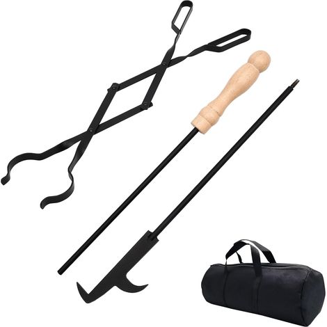 2024 Ensemble d'accessoires de cheminée (Pince à Cheminée + crochets à feu des deux côtés + sac noir) pour Ventilateur Poele a Bois Foyer Intérieur Cuisinière D'extérieur Feu de Camp et Camping Grill (1/5)