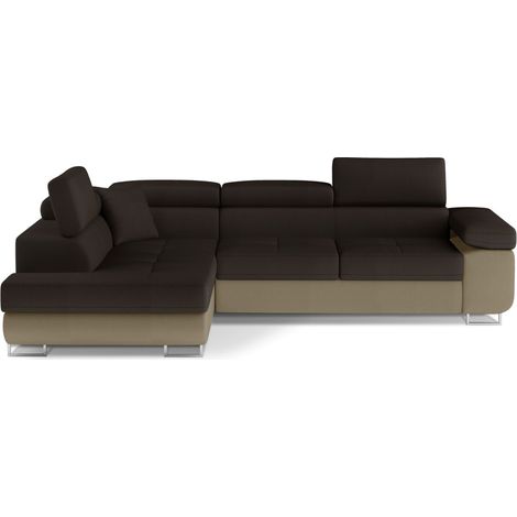 Canapé d'angle convertible MENTON beige et marron bouclette – Angle gauche avec coffre