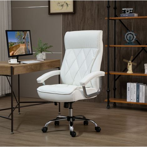 Chaise de bureau 66x69x121 cm blanche en métal et similicuir avec hauteur réglable et fonction basculante (1/5)