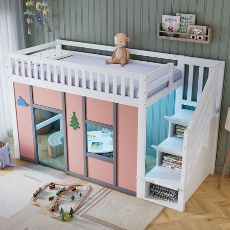 Lit mezzanine 90x200 cm, Lit mi-hauteur avec escalier avec rangement, éclairage LED, espace de jeu et barrière de sécurité, pour enfant, bois blanc et rose, sommier à lattes inclus, sans matelas (1/5)