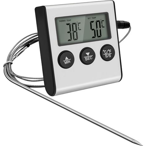 Thermomètre de Cuisine Numérique avec Large Écran LCD, Thermometre à Viande Cuisson avec Minuteur et Sonde de Températures en Acier Inoxydable pour Fumoir, Barbecue, Grill, Four, Friandises, Horloge (1/5)